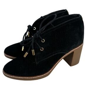 Tory Burch Hilary Black Suede Booties Sheep Fur Lining Lace Up Block Heel Logo 6